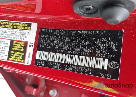 2024 Toyota Camry Le из США, поврежденный, VIN 4T1R11AK4RU212945